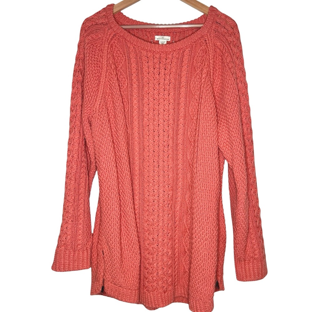 LL Bean Coral 2X Plus Size Cable Knit Sweater Weather Cold Fall Winter Cotton